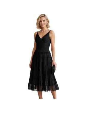 Lafayette 148 New York Black Chiffon Tiered Ruffle A-line Cocktail Dress 6 Midi